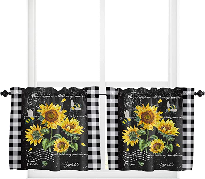 Window Curtain Panels Set of 2, Vintage Sunflowers Floral Rod Pocket Curtain Drapes for Kitchen Bedroom Living Room, Machine Washable Drapery Window Valances, 27.5x36inch, Buffalo Plaid Black White