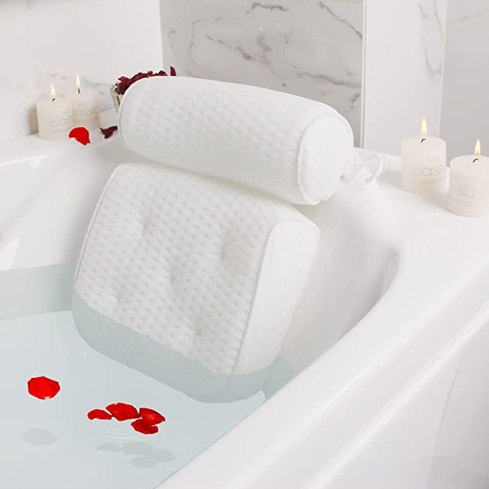 BESTORI Bath Pillow Bathtub Pillow with Soft 4D Air Mesh & 7 Anti-Slip Strong Suction Cups Quick Dry Washable Spa Pillow for Head Neck and Shoulder Support, White,12.5"x14.8"x3.5"