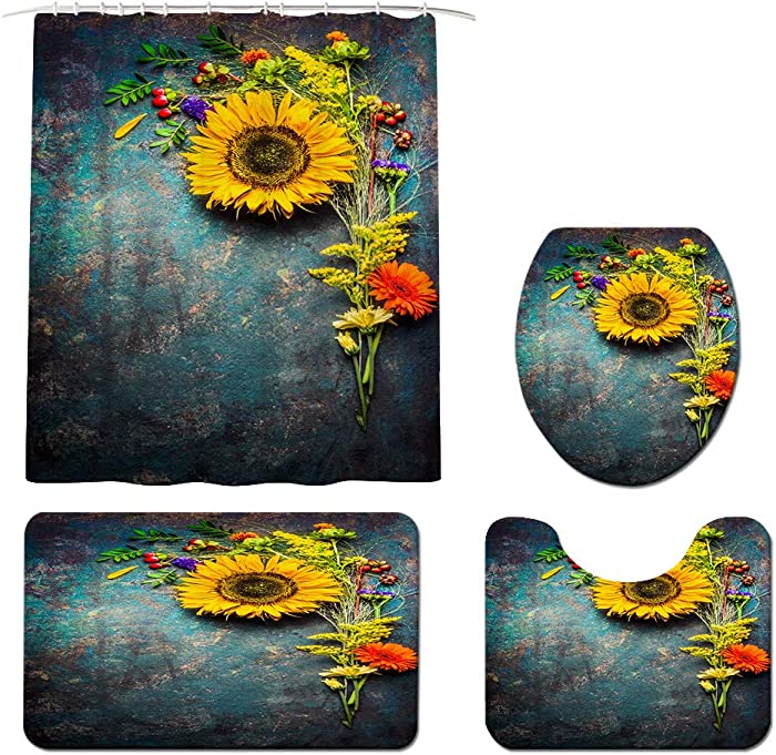 Sunflower Shower Curtain Sets with Non-Slip Rugs Toilet Lid Cover and Bath Mat Teal Rustic Flower Fabric Bath Curtain Set with Hooks Bathroom Decor