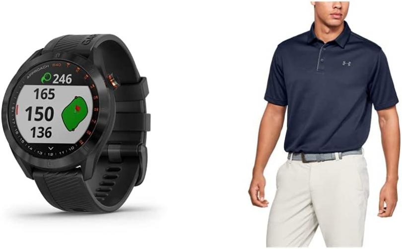 Garmin Approach S40, Stylish GPS Golf Smartwatch, Lightweight with Touchscreen Display, Black & Under Armour Men's Tech Golf Polo, Midnight Navy (410)/Graphite, Large