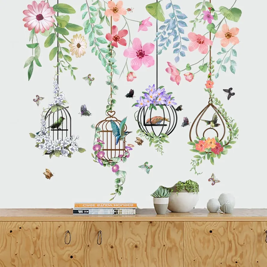 Runtoo Birdcage Wall Art Stickers Butterfly Flower Hanging Vine Wall Decals Living Room Bedroom Nursery Party Decor