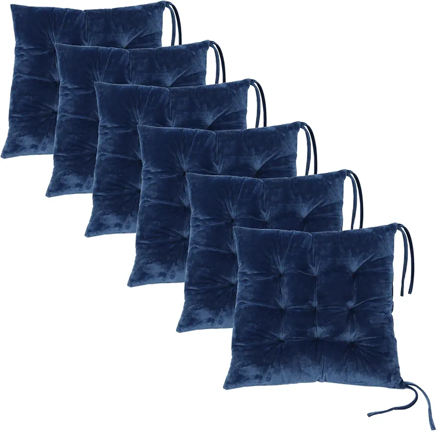 6 Pack Square Seat Cushion Chair Pads for Kitchen Dining Chairs, Soft Comfort Velvet Chair Mat Pillow Cushions with Ties for Office Desk Living Room Tatami 15.5", Blue