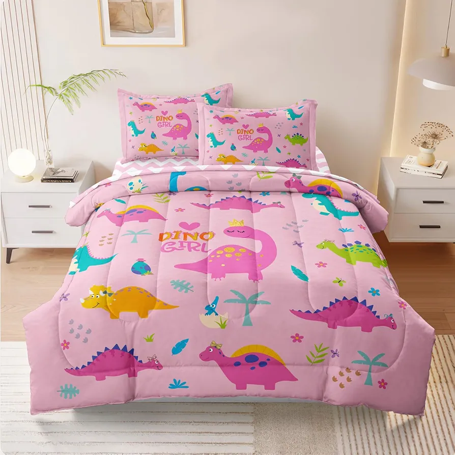 Girls Dinosaur Bedding Twin Green Pink Dinosaur Comforter Set, Cute Cartoon Down Comforter for Little Girls Teens Kids Adults Room Decor, Reversible Bed-in-a-Bag 5-Piece Bed Sets