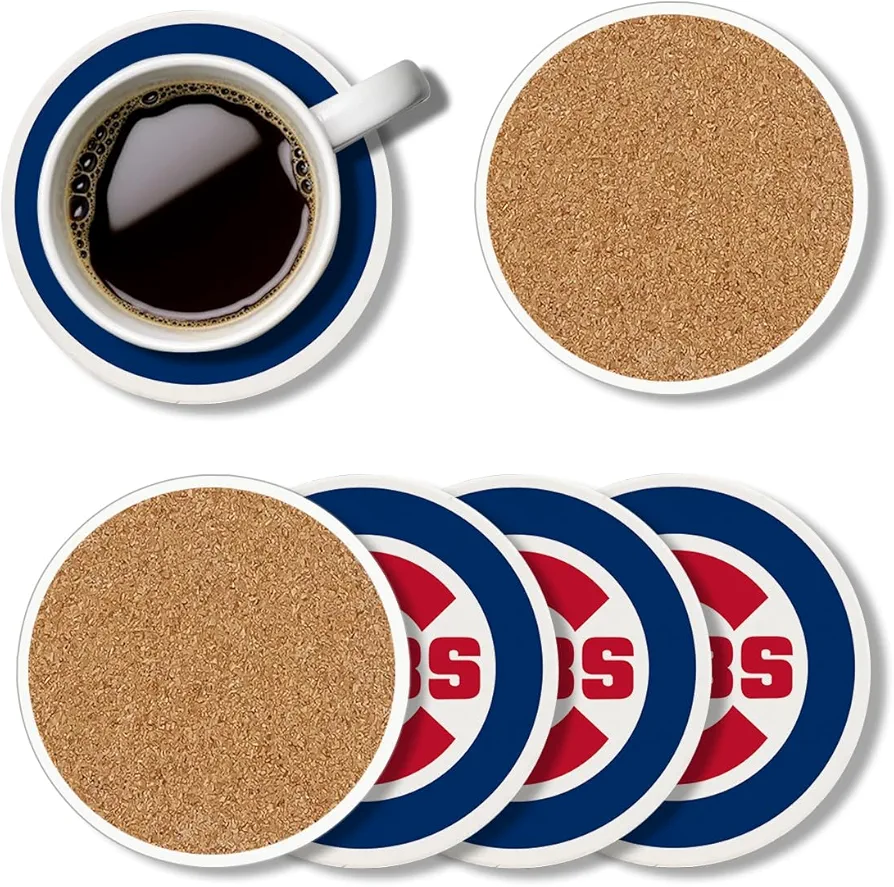 Baseball Coasters for Chicago Drinks, Set of 4 Ceramic Absorbing Beverage Coasters with Cork Backing for Table Room Decor Party Supplies