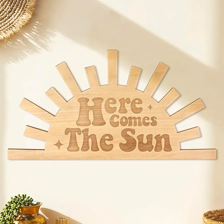 Here Comes The Sun Wooden Wall Sign Boho Nursery Room Decoration Sunshine Laser Cutting Engraved 14.6x7.6” Wall Decor for Home Living Room Kitchen Bathroom Bedroom Playroom