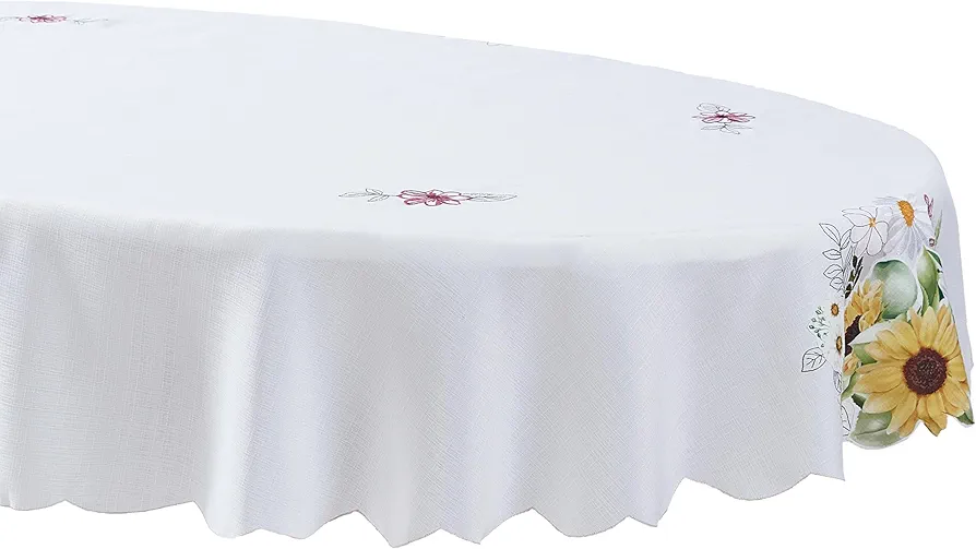 Newbridge Yellow Sunflowers and Daisies Oval Embroidered Tablecloth, 60 x 84 Inch, Summer Cutwork Wrinkle Free, Stain Resistant Fabric Table Cover for Indoor Outdoor Dining and Parties