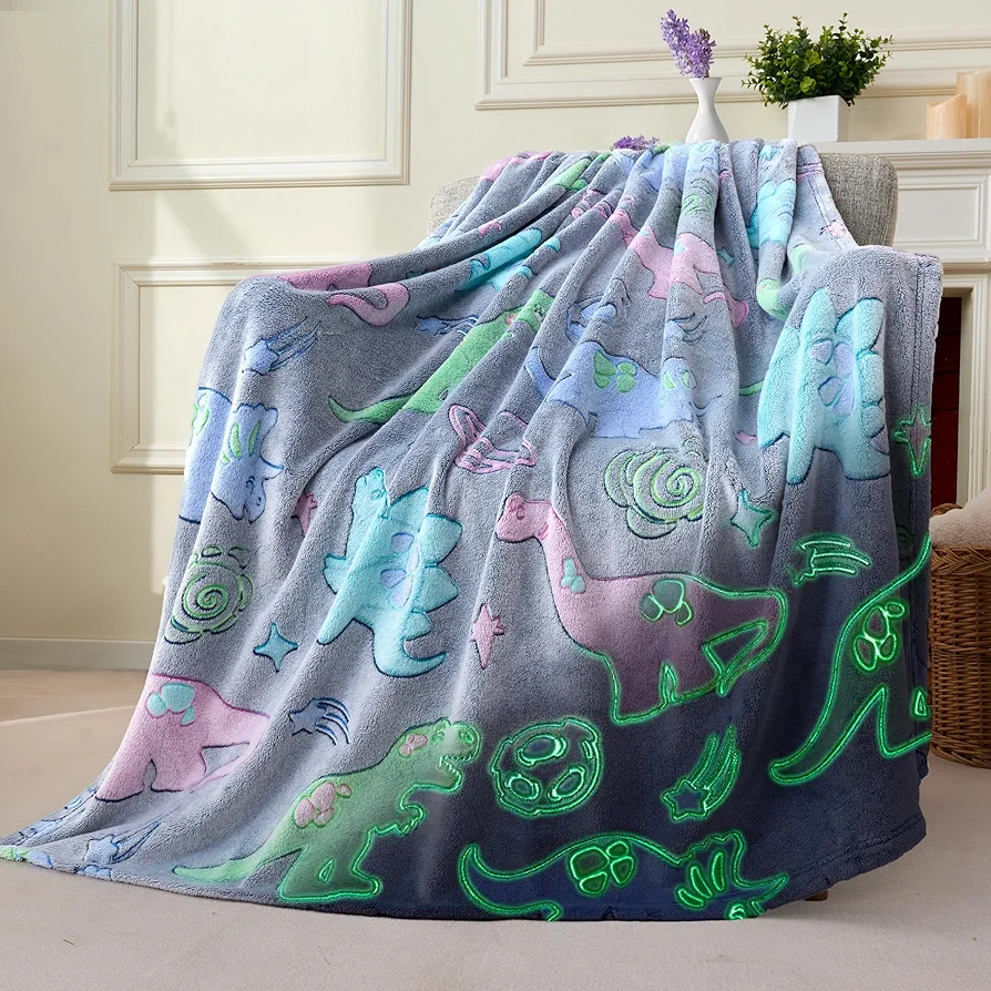 Joiedomi Glow in The Dark Blanket - Dinosaur Gifts Toys for Girls Boys Age 2 3 4 5 6 7 8 9 10 11 12 Year Old - Soft Cozy Flannel Kids Throw Blanket - Birthday Bedroom Decor 50"×60"