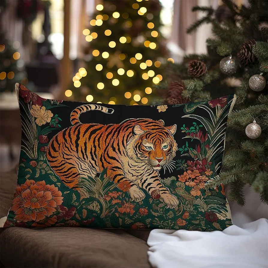 Colorful Flower Animal Print Tiger Cushion Cover Animal Tiger Stripe Floral Throw Pillows Japanese Chinoiserie Check Pillow 16x24in White Linen Pillows for Living Room Bedroom