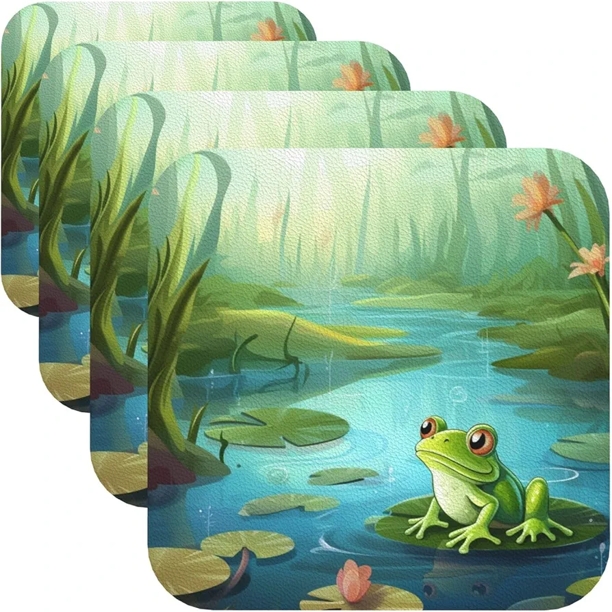 Coasters for Drink Leather Coasters Set of 4 Frog in a Pond Coffee Cup Mat Square Tabletop Protection Mat for Bar Decorate Cup pad for Coffee Table Kitchen Dining Room