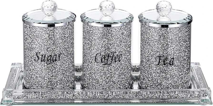 JUXYES Set of 4 Sparky Glass Crushed Diamonds Canisters Set for Sugar Coffee Tea Features Tray, Luxurious Storage Containers Sets with Lids Decorative Storage Pots for Kitchen Counter Dining Room