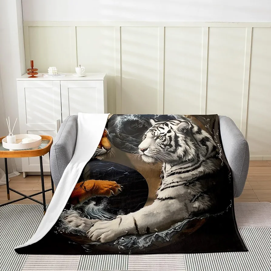 Tiger Flannel Blanket 3D Wild Animal Tai Chi Yin Yang Style Fleece Throw Blanket for Room Decor,Japanese Style Ocean Waves Moon Sky Ukiyo-e Bed Blanket for Bed Sofa Couch,Throw 50"x60"