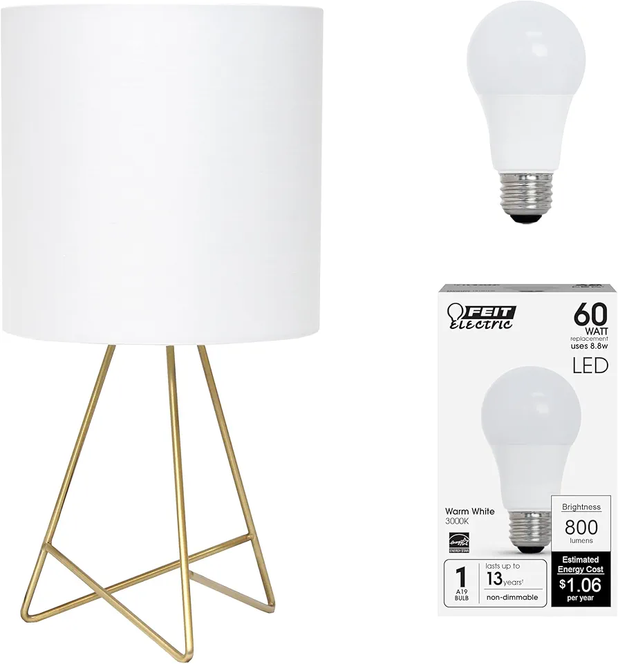 Simple Designs LT2066-GDW-LB 14" Down to The Wire Table Lamp for Bedroom, Living Room, Entryway, Office, Gold with White Shade, with Feit LED Bulb Included