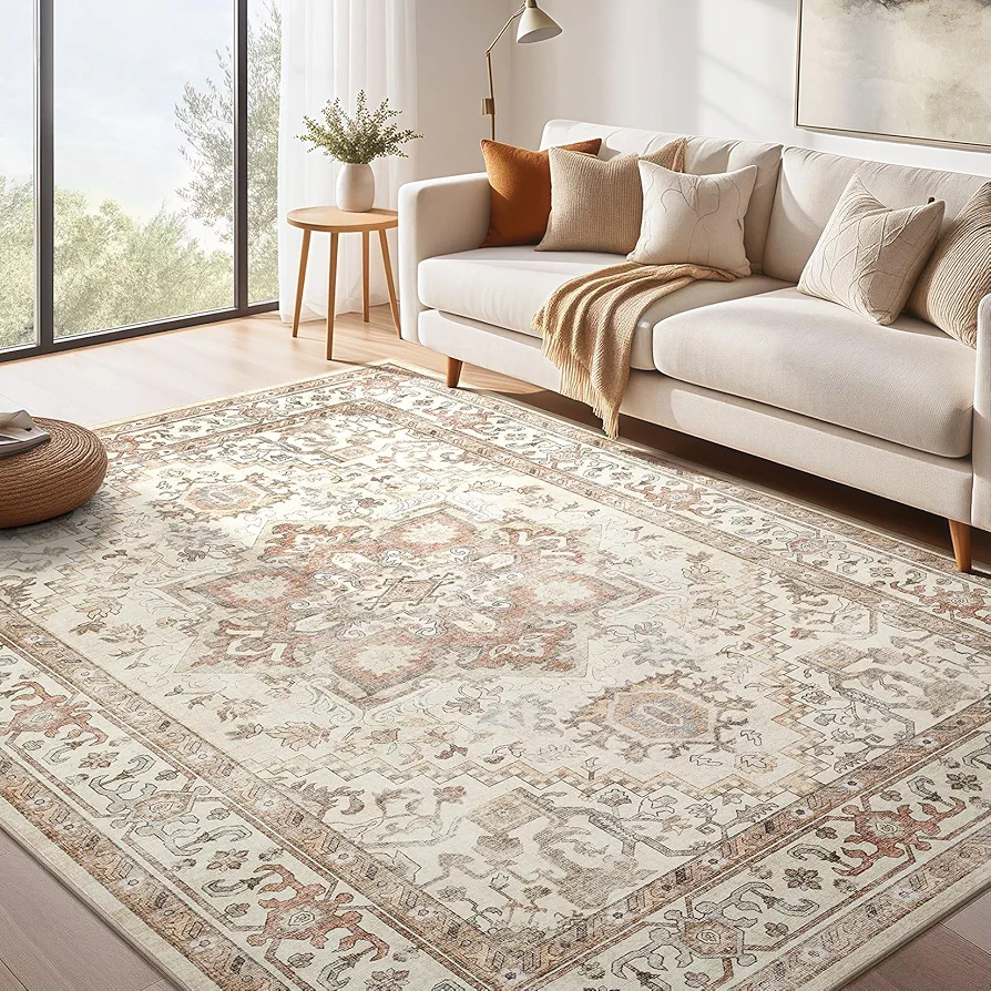 Washable Rug 9x12 Area Rugs: Boho Vintage Distressed Oriental Medallion Neutral Thin Large Rug Carpet for Living Room Bedroom Dining Room Home Office Decor - Beige