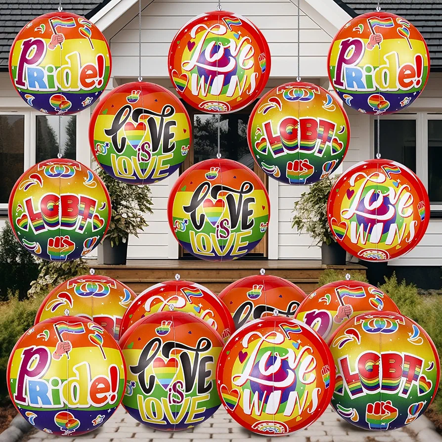 Jetec 16 Pcs Rainbow Pride Inflatables Outdoor Decorations 11 Inch Large LGBT Gay Pride Love Is Love Inflatable Decorated Ball Oversized Yard Hanging Blow up Ornaments for Gay Pride Party Decor