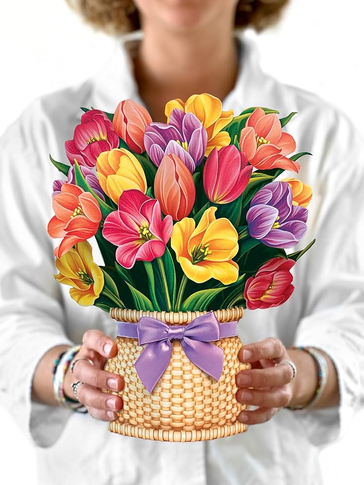 Freshcut Paper Pop Up Cards, Paper Flower Bouquet 3D Popup Greeting Cards with Note Card & Envelope, Birthday Card, Anniversary Card, Get Well Gifts for Women, 12" Festive Tulips with Basket