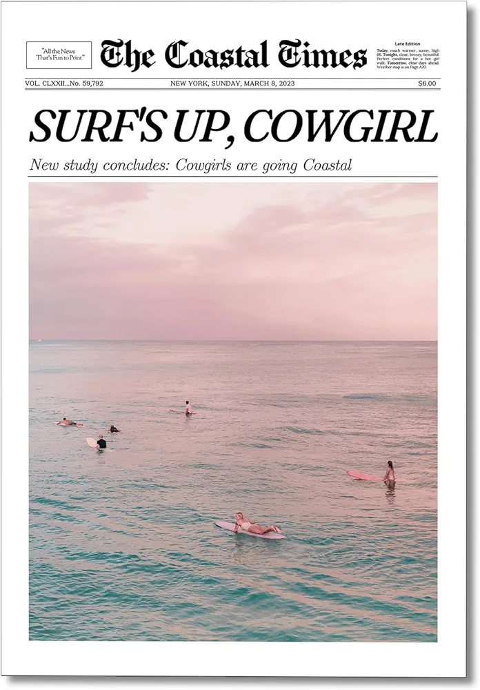 ogyormpi Trendy Pink Coastal Canvas Wall Art, Coastal Cowgirl Aesthetic Room Decor Poster, Western Surfer Girl Preppy Beach Print, Summer Beachy Surfing Pictures for Teen Girl Dorm 12x16in Unframed