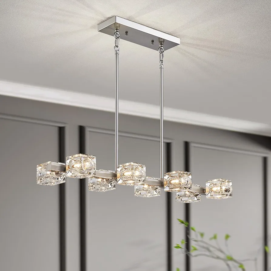 XINGQI Rectangular Chandeliers for Dining Room 8-Lights, Brushed Nickel Kitchen Island Light Fixture Modern Chandelier with Glass Lampshade Sputnik Chandeliers for Living Room