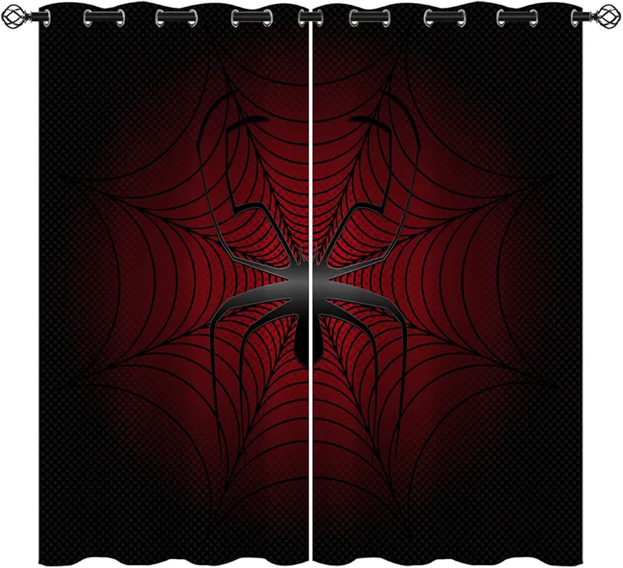 Superhero Blackout Curtains for Girls Boy Home Decor, Amazing Red and Black Spider Web Grommet Thermal Insulated Drapes Darkening Window Curtain for Bedroom Living Room, 42 x 45 Inch