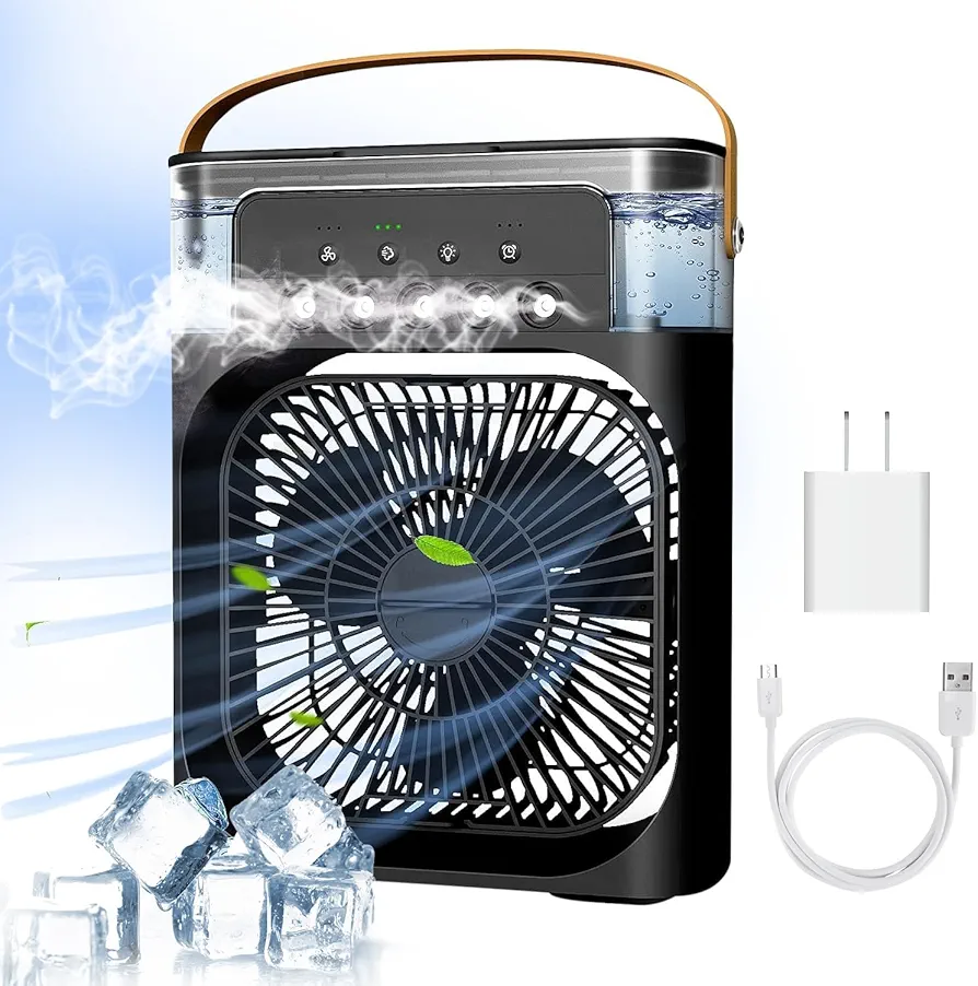 Portable Air Conditioner Fan, 3 In 1 Ice Mist Mini Evaporative Portable Air Cooler with LEDnightlight, Timer, 3 Wind Speeds and 3 Spray Modes for for Home Office Bedroom Table and Desktop (Black)