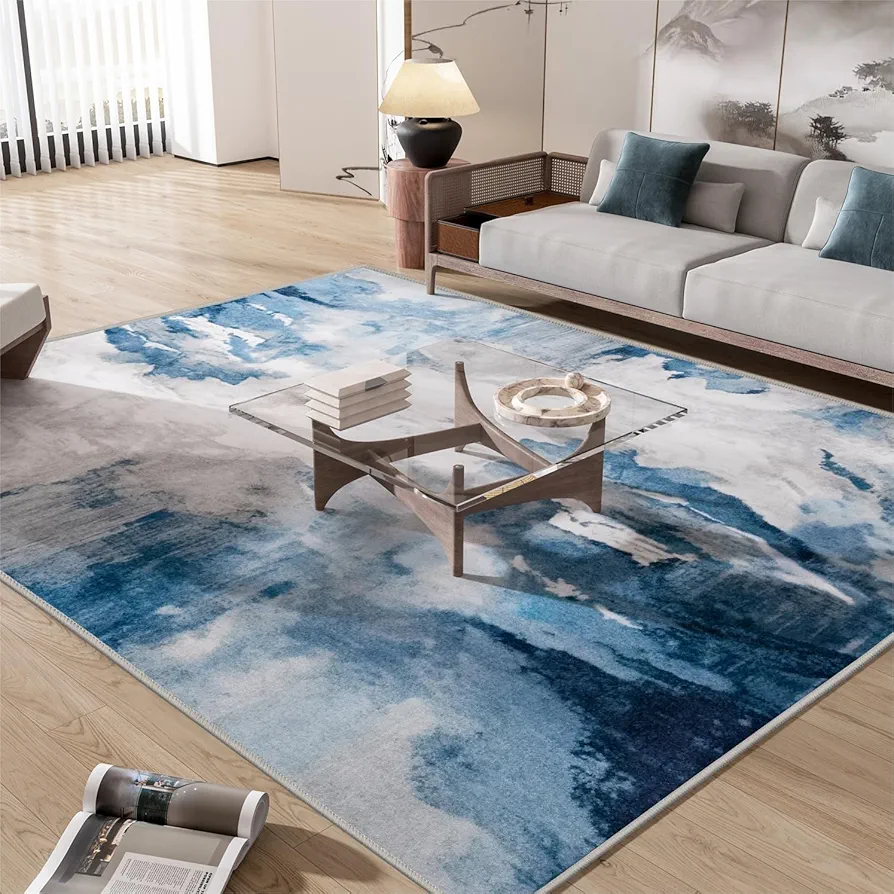 Washable Area Rug, 6x9 Area Rug for Living Room, Soft Area Rug for Bedroom, Abstract Design, Stain Resistant Rugs, TPR Anti-Slip Backing, Non Shedding, Blue Area Rug