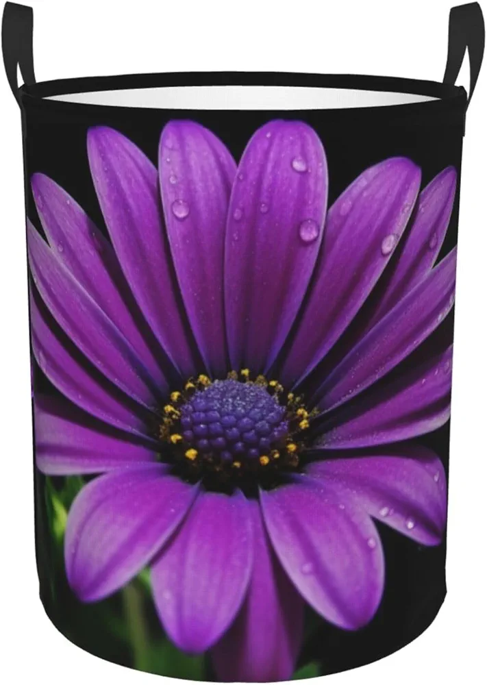 Purple Daisy Print Laundry Basket Circular Laundry Hamper with Handles Waterproof Circular Hamper Dirty Clothes Basket Portable Storage Bin for Home Organizer Living Room Bathroom Car Small