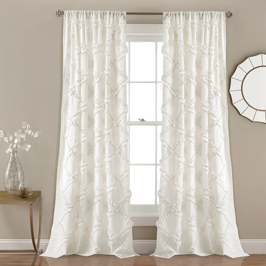 Lush Decor, White Ruffle Diamond Curtains Textured Window Panel Set for Living, Dining Room, Bedroom (Pair), 84” x 54, 2 Count