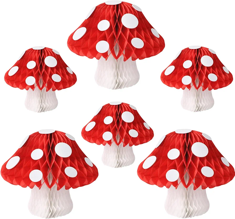 YUNXUAN Mushroom Party Decorations, Mushroom Shaped Honeycomb Paper Lanterns for Birthday Party Garden Room Decor Pack of 6