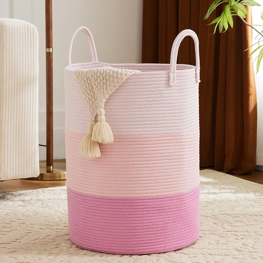 Woven Rope Laundry Hamper, 58L Tall Cotton Storage Basket for Blanket, Large Boho Dirty Clothes Hamper Bin for Girls Kids Baby Nursery in Living Room - Pink