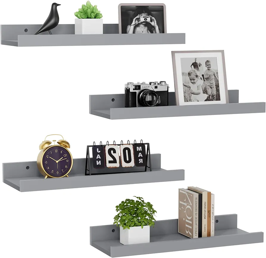 4 SET Floating Shelves for Wall Display Wall Shelves for Wall Decor, Wall Mounted Bathroom Shelves with Lip, Modern Picture Ledge Shelf for Living Room, Bedroom, Bathroom Decor (Grey)