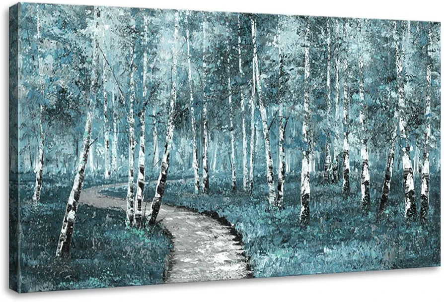 YIKG Living Room Abstract Woods Wall Art Blue Forest Birch Pictures on Canvas Home Decor 40x20