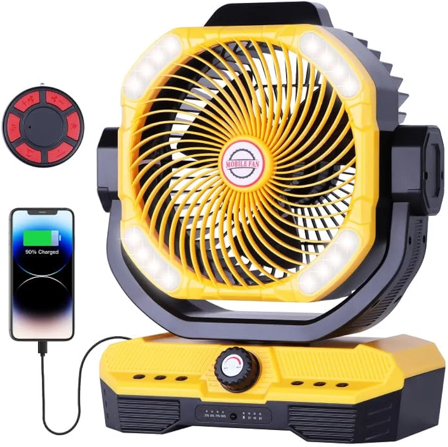 40000mAh Battery Powered Fan, Rechargeable Fan Large Camping Fan with LED Light (RGBW), Stepless Speed Oscillating Fan with Remote,Portable Fan Battery Operated Fan for Camping or Living Room