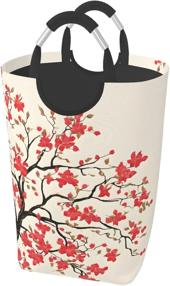 Laundry Basket Collapsible Clothes Hamper for Dirty Clothes, Laundry Bag with Handles Blanket Toys Storage Blanket, Dorm Room Essentials Accessories - Japanese Spring Plum Floral