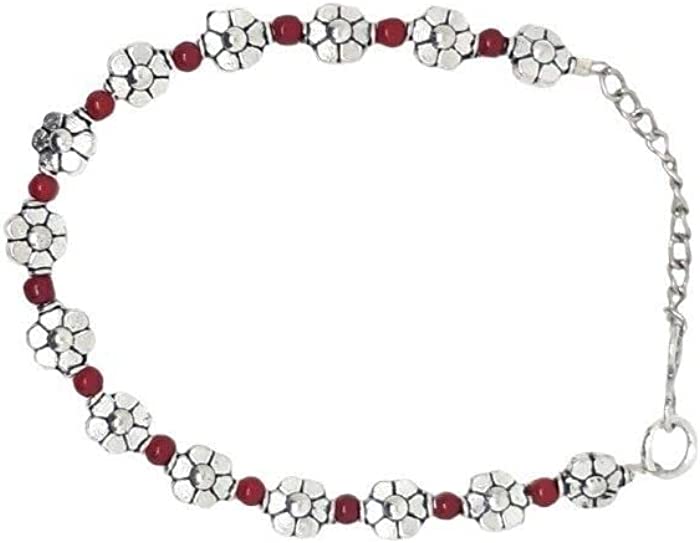 Women Bracelet Silver Plated Indian Flower Print Red Pearl Jewelery Silver Look