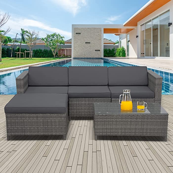 SUNVIVI OUTDOOR Patio Furniture Set, 5 Pieces Outdoor Sectional All-Weather Grey Wicker Rattan Furniture Sofa Set, Patio Conversation Set w/Ottoman, Dark Grey Washable Cushions