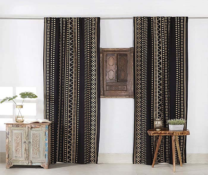 Popular Handicrafts Indian Hippie Bohemian Beautiful Gold Geometric Printed Window Door Drapery Curtain Bedroom Living Room Balcony Valance Panels Sheer Curtain Black