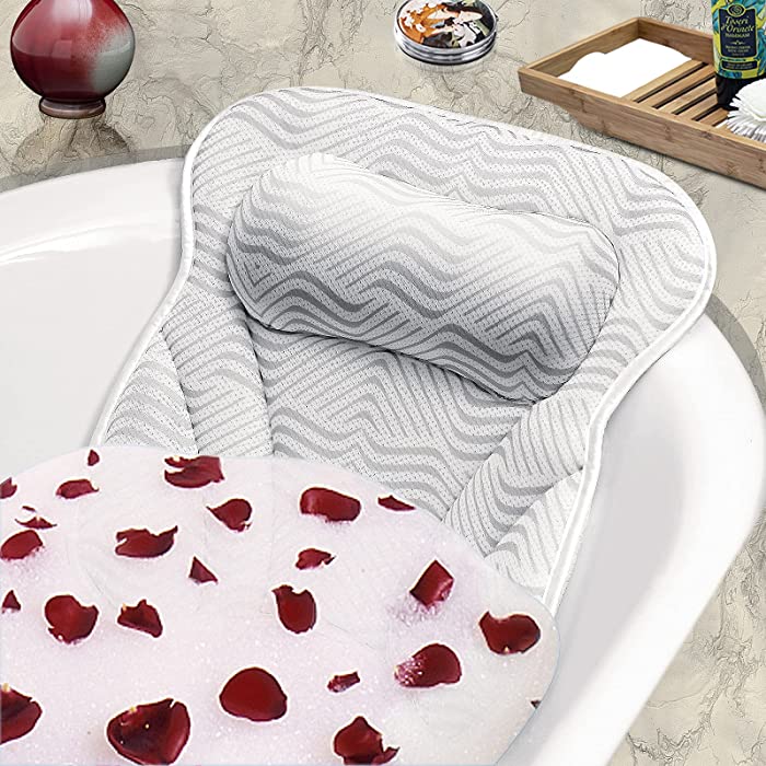 Bath Pillow for Tub, Luxury Bathtub Pillow with Ergonomic Neck Shoulder Back Support, 4D Air Mesh Spa Tub Pillow, 6 Strong Suction Cups Hot Tub Pillow for Jacuzzi Bubble Soaking Bath