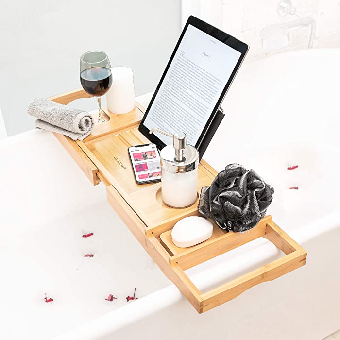 Bath Caddy Tray for Tub: Bamboo Bathtub Tray Caddy Expandable with Wine Glass Holder and Book Stand. Luxury Bubble Bath Accessories & Spa Decor. Self Care Gifts for Women, Birthday Gift for Mom.