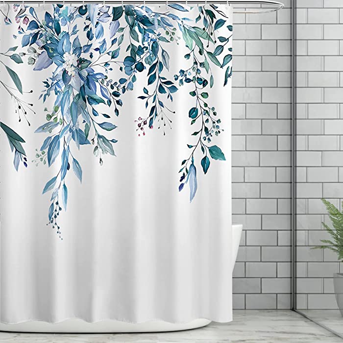 Shower Curtain Set with Hooks Spring Shower Curtain White Plant Shower Curtain for Bathroom Polyester Leaves Bath Curtain Shower Curtain Water Repellent 72x72