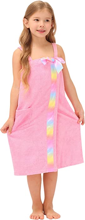 Zexxxy Girls Bath Wrap Towel Adjustable Bathrobe with Polka Dot Bow Cover Up 4-14Y