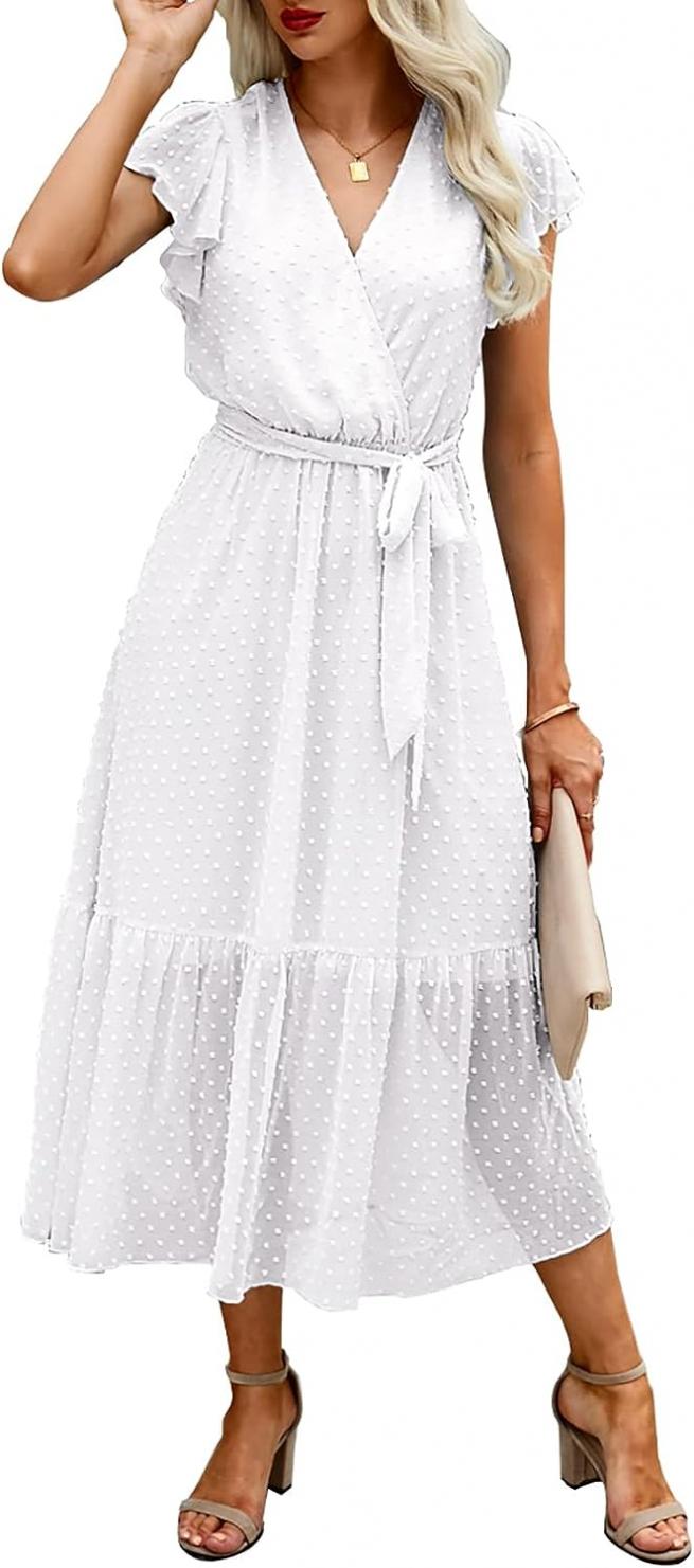 BTFBM Women Summer Bohemian Floral Casual Wrap V Neck Ruffle Cap Sleeveless Belt A-Line Pleated Hem Swing Midi Sun Dress