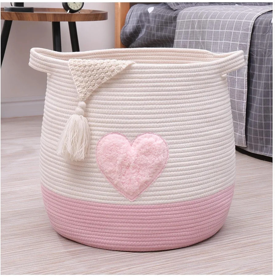 Large Cotton Rope Basket, Woven Storage Basket for Toy, Pink Laundry and Blanket Organizer Basket, Round Hamper Basket with Handles for Kid's Room 17.7"x16.9" (Pink Heart)