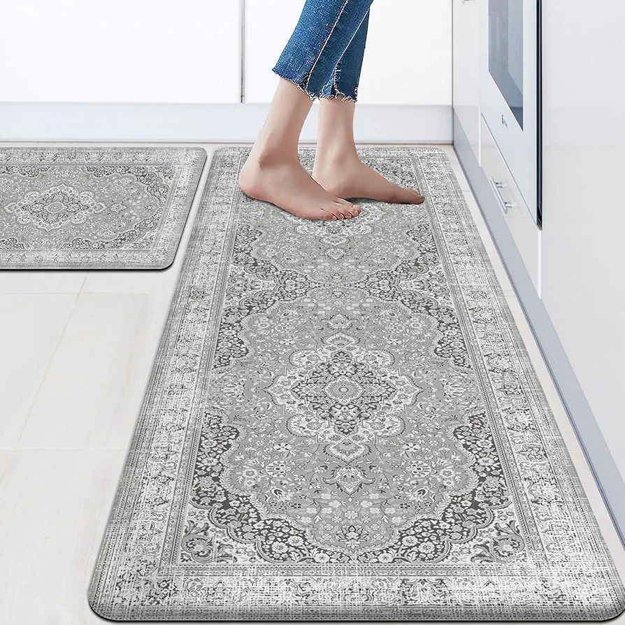 OTOB Kitchen Mats Cushioned Anti Fatigue Set of 2 Farmhouse Kitchen Rugs Non Slip Waterproof Kitchen Floor Mat Comfort Memory Foam Standing Mat for Front of Sink,Laundry Room