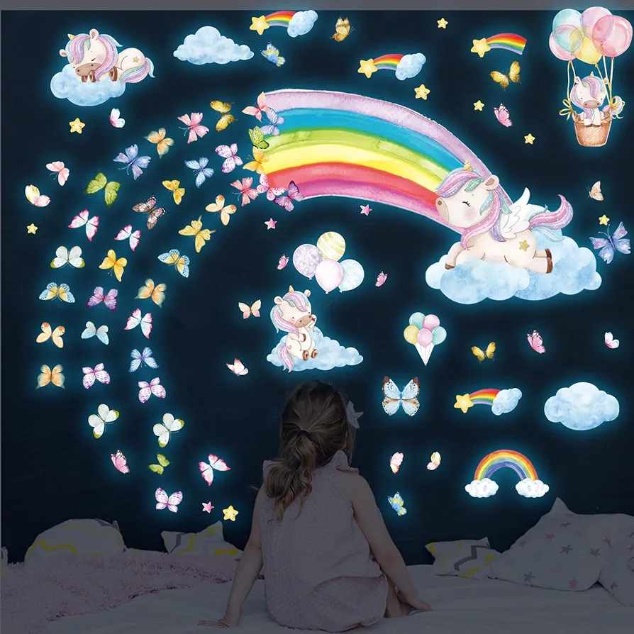 Glow in The Dark Large Rainbow and Unicorn Wall Decals,Glowing Luminous Star Butterfly Wall Stickers Removable Rainbow Unicorn Decals for Girls Bedroom Baby Nursery Living Room Decoration