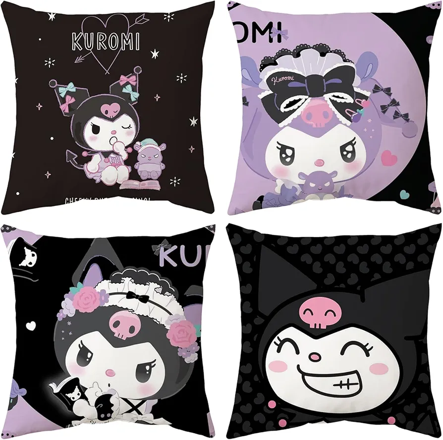 Kawaii Throw Pillow Covers Set of 4, Cute Cartoon Anime Decorative Pillows Covers for Bed and Couch/Sofa, 18x18 Inch Pillow Cases for Bedroom and Living Room (A)