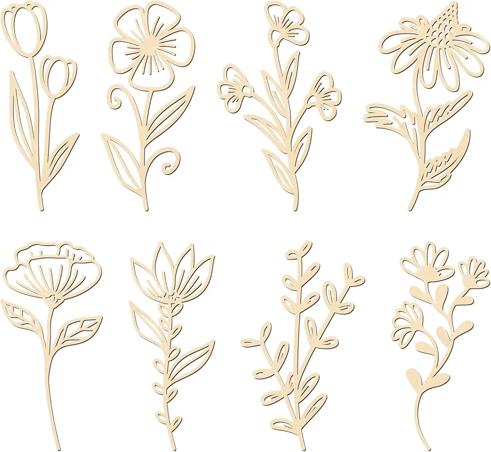 PerKoop 8 Pcs Wooden Wildflowers Wall Decor Colorable Wooden Flowers Cutout Signs Boho Wood Flowers Wall Decals Hanging Sculpture for Kids Nursery Wall Art Bedroom Living Room Decor (Elegant Style)