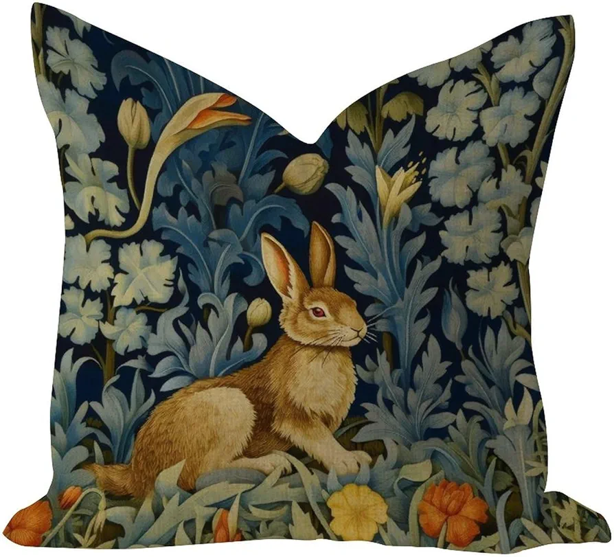 Rabbit Forest Hares in Wood Bunny Comfy' Pillow Cover Country Bed Pillow Cushion Case Wild Flowers Plants Greenery' Square Cotton Linen Pillowcases for Home Decor Tent Porch Living Room 22x22in