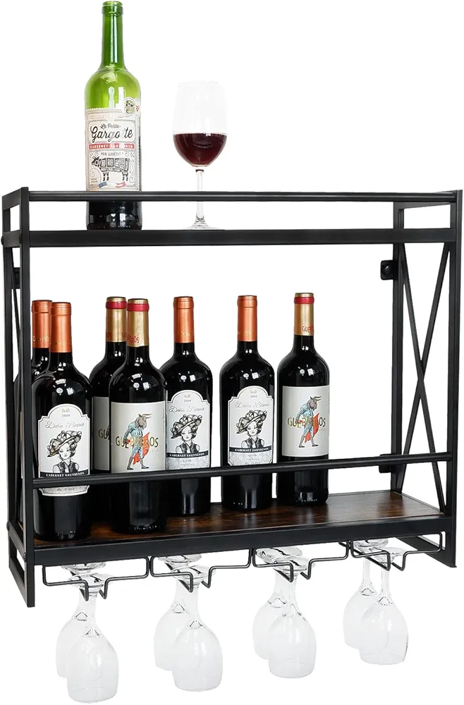 Farmhouse Wall Mounted Wine Rack, Industrial Vintage Hanging Wine Shelf, 2-Tier Solid Wood Wine Rack with Stemware Glasses Holder, Multipurpose Storage Display Shelf for Kitchen Living Room Cafe Bar