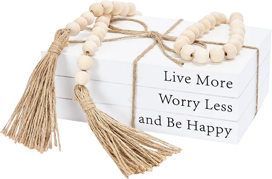 Decorative Books for Home Decor, White Faux Books for Decoration, Rustic Farmhouse Stacked Display Books with 52in Wood Bead Garland for Coffee Tables Living Room, (HAPPY)