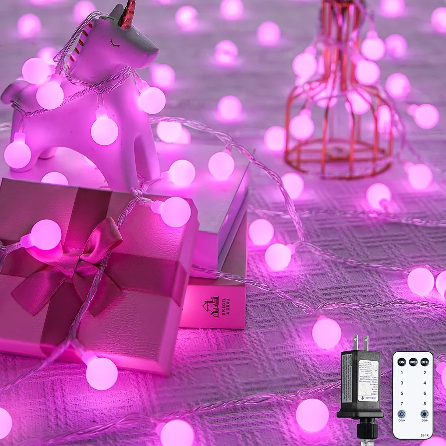 JMEXSUSS 100 LED Pink String Lights for Bedroom, Connectable Globe String Lights Indoor Outdoor Waterproof, 8 Modes 33ft Pink Christmas Fairy Lights Plug in with Remote for Girl's Room Party Decor