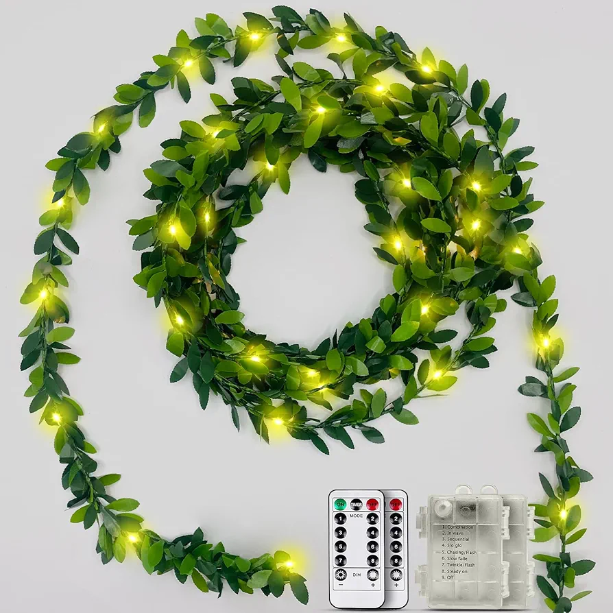 Battery Operated Vine String Lights,2 Packs Total 66 Ft 200Led 8 Modes,Warm White Light with Green Vine, Suitable for Indoor and Outdoor, Wedding, Garden, Party, Fence,Room，Christmas, Home Decoration